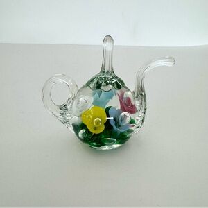 Bob St. Clair Glass Teapot Paperweight with Floral Design